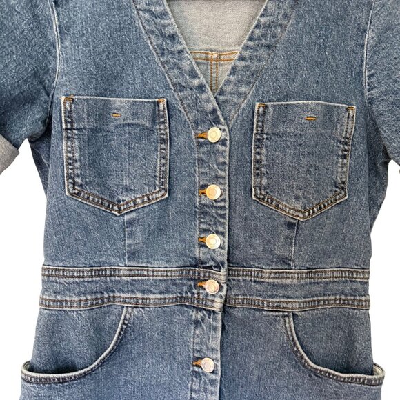 Size LARGE Zara Blue Denim Short Sleeve Button Front Mini Dress - Picture 4 of 6